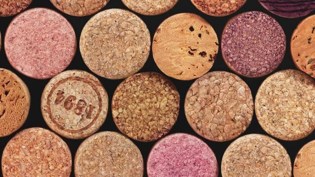 The movement of various wooden wine corks as a background.