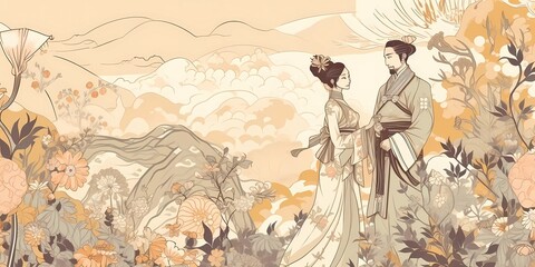 Asian watercolour painting. man and woman, beautiful nature landscape. Generative Ai