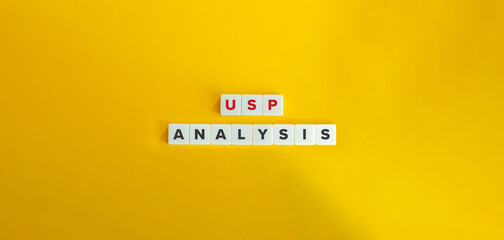USP Analysis Banner and Concept Image. Letter Tiles on Yellow Background. Minimal Aesthetic.
