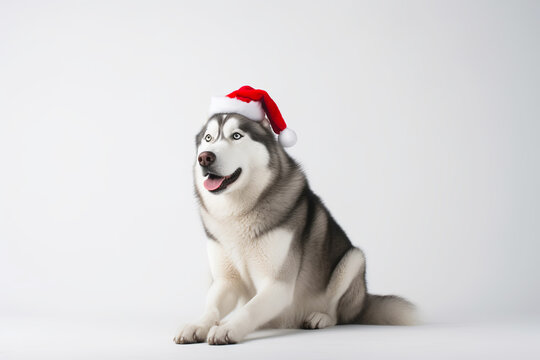 Cute husky dog in santa hat on white background. Merry Christmas concept. Generative AI