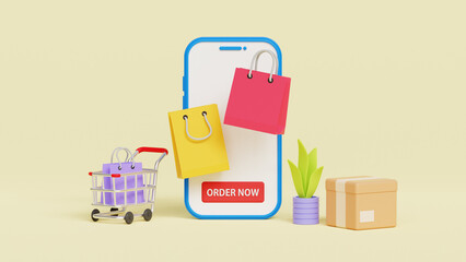 Online shopping on application and website concept. Online store on smartphone with shopping app. 3D rendered illustration