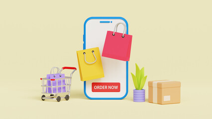 Fototapeta premium Online shopping on application and website concept. Online store on smartphone with shopping app. 3D rendered illustration