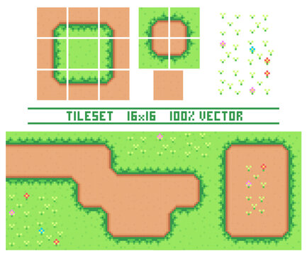 Pixel art tile set for 2d top-down retro game. A set of ground tiles with grass for platformer. Location and landscape constructor. The resolution of the block is 16 x 16 pixels.