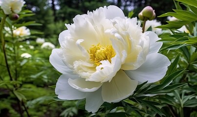  a white flower with yellow center surrounded by green leaves and trees.  generative ai