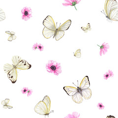 Flying white butterflies among pink anemone flowers isolated on white background. Cabbage butterflies. Watercolor seamless pattern. For prints, fabric, textile, scrapbooking, wrapping.