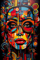 Fototapeta na wymiar Generative AI illustration of Caucasian girl face surrounded by color in abstract illustration style.