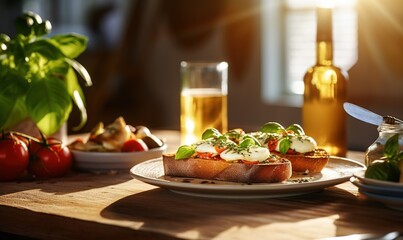  a plate of food on a table with a glass of beer.  generative ai