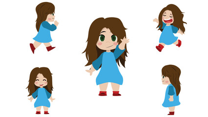 Happy Cute cartoon girl saying hello,walking and more set Ready for animation