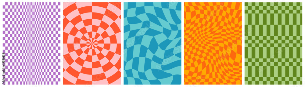 Poster Set of Groovy Checkered Patterns. Psychedelic Geometric Background. Vector Y2k Swirl Illustration