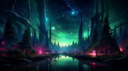 Fantasy landscape with forest, river and milky way