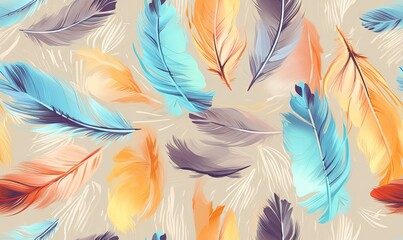 Fototapeta na wymiar a pattern of colorful feathers on a beige background with a blue, orange, and pink feather pattern. generative ai