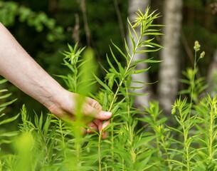 Hand collecting green plant, bassia scoparia