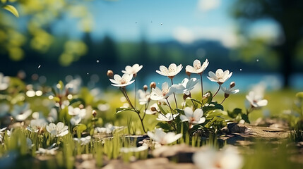 Green meadow with wildflowers. Nature background. Selective focus.