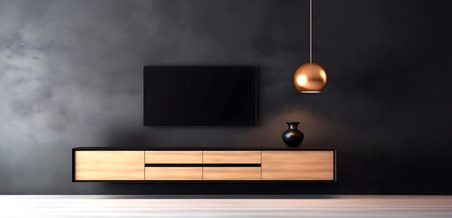 Creative interior concept. Dark large rustic grunge empty wall living room with blank television TV cabinet frame furniture deco. Banner template for product presentation. Mock up 3D rendering	
