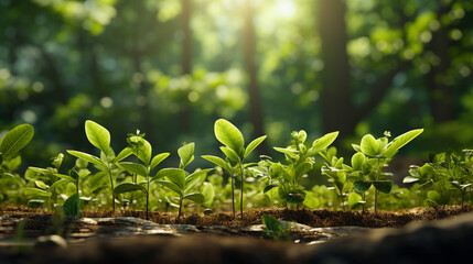 Green seedlings in the spring forest. Young shoots of plants.