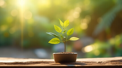 Fototapeta na wymiar Plant in pot on wooden table with sunlight and bokeh background
