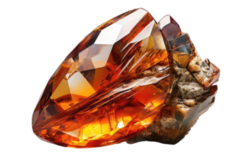 Orange amber gemstone with mineral stone in rock isolated on transparent background


