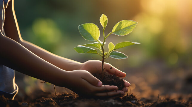 Little kid hands holding green plant in soil with sunlight background. Ecology concept