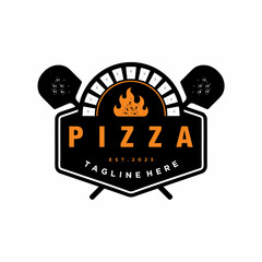 Pizza logo with pizza shovel and oven with flame on white background