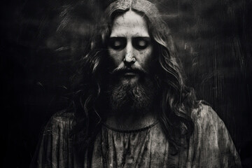Jesus Christ Portrait in Hood. Black and White Grunge Old Picture Grain