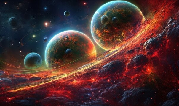  a group of planets in the sky with bright colors and stars.  generative ai
