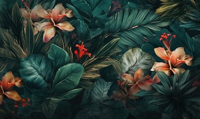  a painting of flowers and leaves on a green background with red and yellow flowers.  generative ai