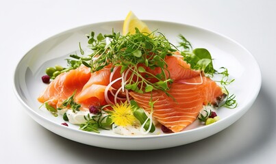  a white plate topped with lots of different types of food.  generative ai