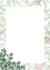 Vertical floral frame with green eucalyptus branches. Watercolor illustration isolated on plant background. Template for Save the date, Valentines day, birthday, mothers day cards. Space for text.