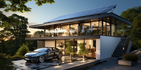 Obraz premium Luxury electric car in a solar powered home, generative ai