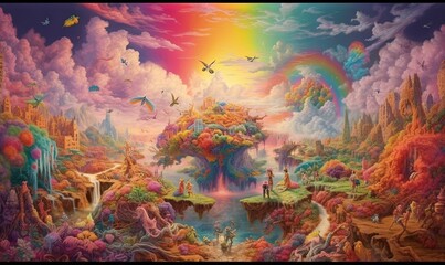Plakat a painting of a colorful landscape with a rainbow in the sky. generative ai