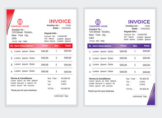 Business Minimal Corporate Invoice design template vector illustration bill form price . Creative template and stationery design payment agreement design template Cash Memo, Vector Quotation Design