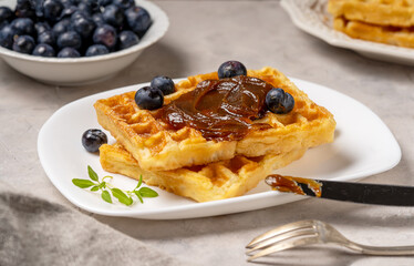 Belgian waffles with chestnut cream, blueberries, knife, fork and greek basil over concrete background
