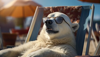 Polar bear enjoying beach vacation in lounge chair