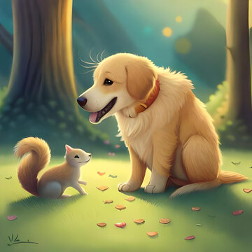 Enchanting Friendship: Vibrant Digital Painting of a Playful Golden Retriever and Curious Squirrel
