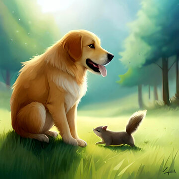 Enchanting Friendship: Vibrant Digital Painting of a Playful Golden Retriever and Curious Squirrel