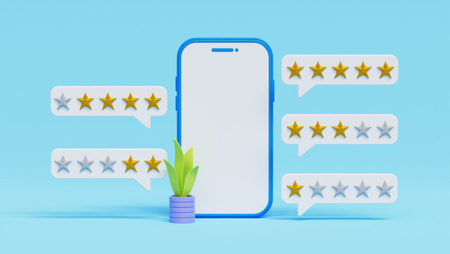 Online App Review. 3d Smart Phone With Rating Stars Choice, Feedback And Rating, Thumb Up, Stars Line, Like Icons. Illustration For Web, Mobile App, UI, UX. 3d Illustration