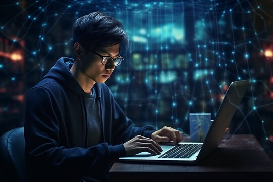 A young caucasian man sits at a computer and works with a neural network. The concept of artificial intelligence and modern technologies. AI generated
