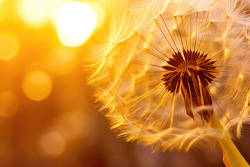 Captivating Dandelion Seed Illuminated by Sunbeams. Generative AI