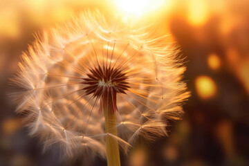 Dreamy Close-Up of Dandelion Seed in Sun's Embrace. Generative AI