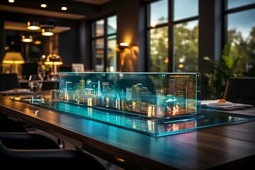 Futuristic Meeting Room with Holographic Data Display