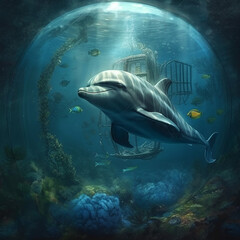Generative AI illustrations, Charming dolphin playing at coral reef underwater.