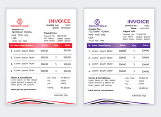 Business Minimal Corporate Invoice design template vector illustration bill form price . Creative template and stationery design payment agreement design template Cash Memo, Vector Quotation Design
