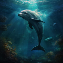 Fototapeta premium Generative AI illustrations, Charming dolphin playing at coral reef underwater.