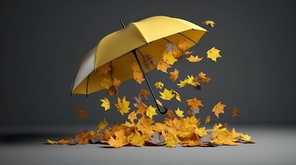 Yellow umbrella flying with colorful autumn leaves. Generative AI