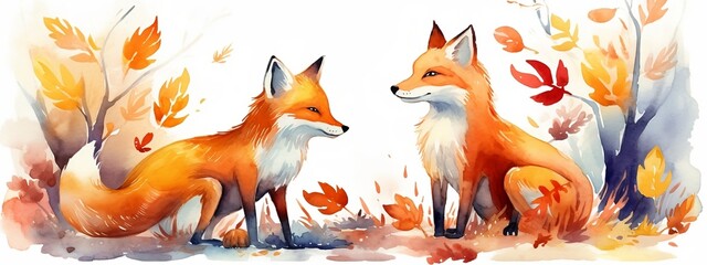 Watercolor illustration with cute foxes and autumn leaves. Generative AI