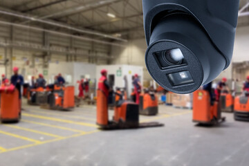 Naklejka na ściany i meble CCTV Camera or surveillance operating inside industrial factory.