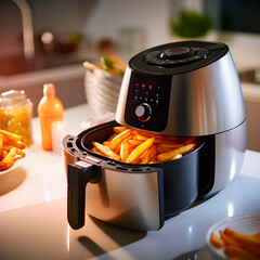 Air fryer cooking potatoes in the kitchen. AI Generative.