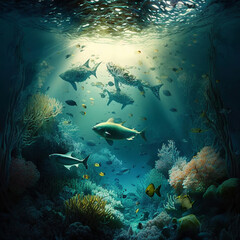 Fototapeta na wymiar Generative AI illustrations, Animals of the underwater sea world. Ecosystem.