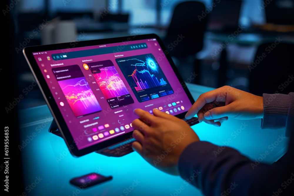 Poster person showcasing control and freedom over their data on futuristic tablet with interface. generativ