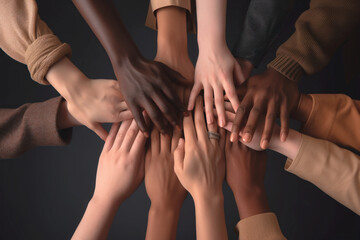 Many hands of different races and ethnicities. United for equality: Diverse youth fighting against discrimination - obrazy, fototapety, plakaty